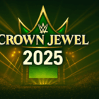 Arena sportiva moderna con ring quadrato illuminato da riflettori colorati e pubblico festante, atmosfera epica di WWE Crown Jewel 2025.