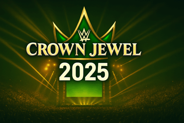 Arena sportiva moderna con ring quadrato illuminato da riflettori colorati e pubblico festante, atmosfera epica di WWE Crown Jewel 2025.