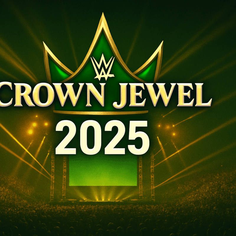 Arena sportiva moderna con ring quadrato illuminato da riflettori colorati e pubblico festante, atmosfera epica di WWE Crown Jewel 2025.