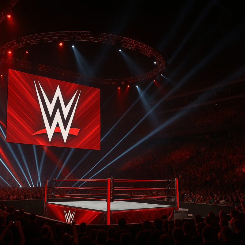 WWE in Italia con ring al centro dell’arena, luci spettacolari e pubblico in festa per un Premium Live Event storico.