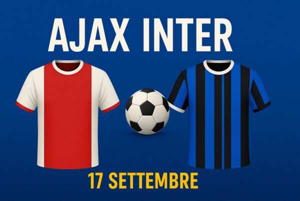 Grafica sportiva con maglia rossa e bianca e maglia a strisce nere e blu, pallone al centro e scritta Ajax Inter 17 settembre