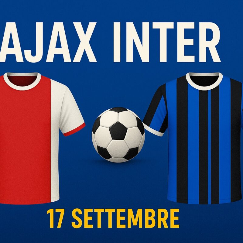 Grafica sportiva con maglia rossa e bianca e maglia a strisce nere e blu, pallone al centro e scritta Ajax Inter 17 settembre