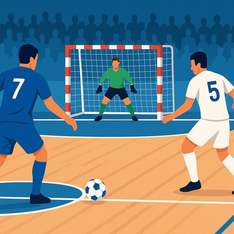 Illustrazione di una partita di calcio a 5 indoor su parquet. Squadra in maglia blu e squadra in maglia bianca si affrontano davanti alla porta difesa dal portiere in verde, con il pubblico stilizzato sugli spalti.