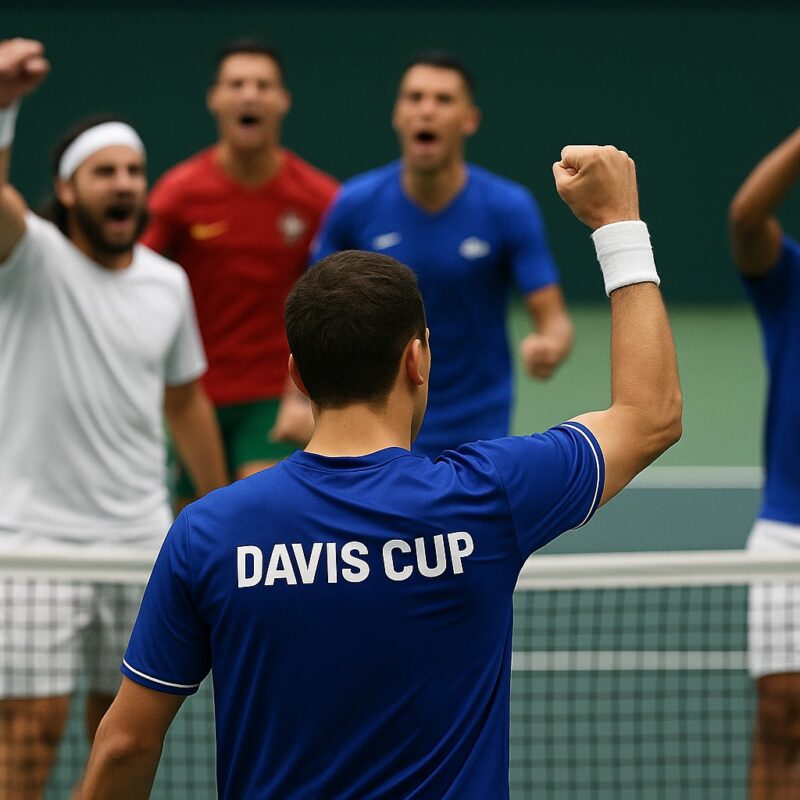 Illustrazione digitale della Coppa Davis 2025. Al centro la coppa argentata, circondata dalle bandiere di Italia, Argentina, Austria, Belgio, Repubblica Ceca, Francia, Germania e Spagna. Atmosfera epica con riflettori da stadio sullo sfondo