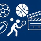 Icone stilizzate di calcio, basket, football americano, tennis e un ciak cinematografico su sfondo blu, simbolo dei film sportivi