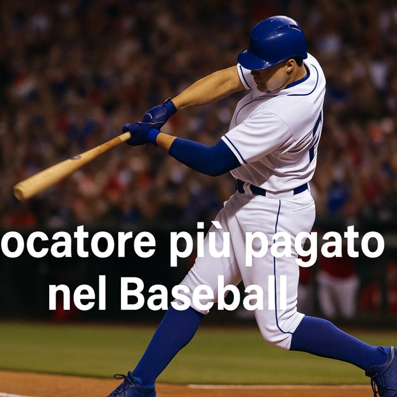 Un giocatore di baseball in uniforme bianca e blu colpisce la palla con la mazza durante uno swing potente, mentre sullo sfondo si vede il pubblico dello stadio. Al centro, in caratteri Arial bianchi, appare la scritta: Giocatore più pagato Baseball