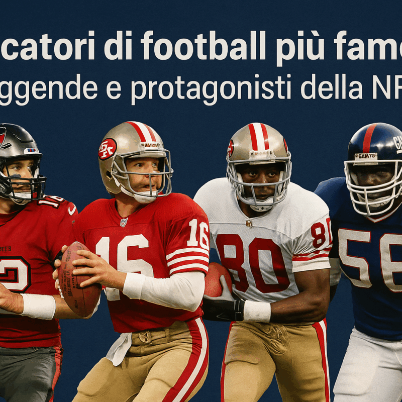 Giocatori di football più famosi: collage con Tom Brady, Joe Montana, Jerry Rice e Lawrence Taylor in azione con le loro maglie NFL
