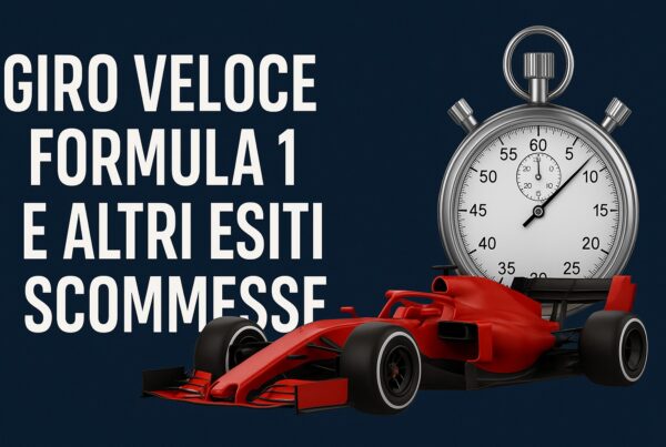 Grafica sportiva con auto di Formula 1 rossa e cronometro, accompagnata dal testo Giro veloce Formula 1 e altri esiti scommesse