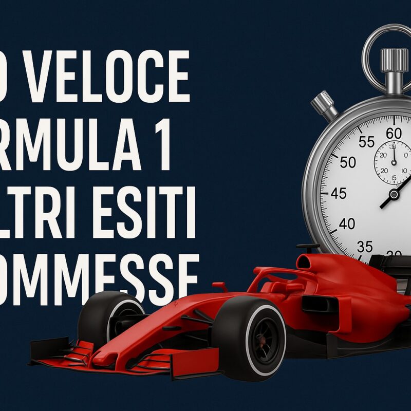 Grafica sportiva con auto di Formula 1 rossa e cronometro, accompagnata dal testo Giro veloce Formula 1 e altri esiti scommesse