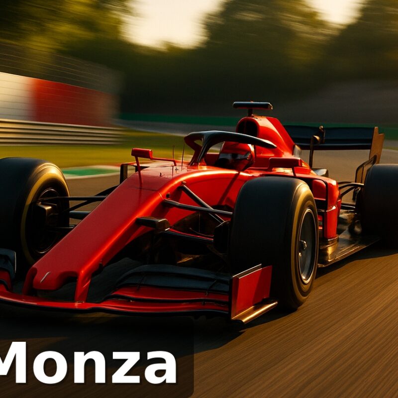 Gp Monza: Ferrari di Formula 1 in accelerazione alla Parabolica, con cordoli tricolori sullo sfondo, scatto orizzontale ad alta velocità