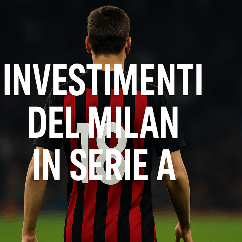 Calciatore di spalle con maglia rossonera e scritta Investimenti del Milan in Serie A su sfondo stadio.