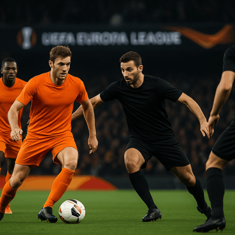 Calciatori realistici che si sfidano in uno stadio europeo illuminato, simbolo della competizione delle italiane in Europa League 2025/26.