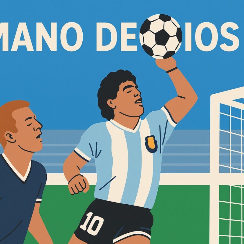 Illustrazione iconografica di Diego Maradona che segna il gol de la Mano de Dios contro l’Inghilterra ai Mondiali 1986, con la mano sinistra sul pallone vicino alla porta