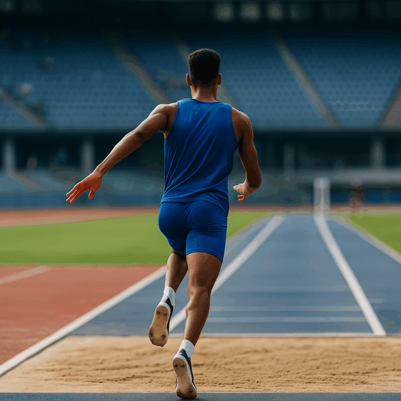 Atleta di salto in lungo visto di spalle sulla pedana, pronto alla rincorsa in uno stadio gremito durante una gara di atletica leggera. Mattia Furlani.