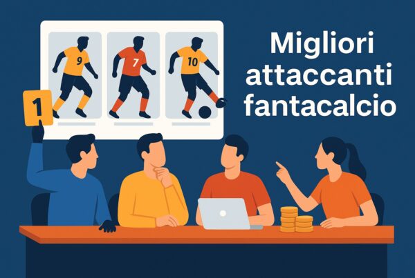 Illustrazione di un’asta di fantacalcio: quattro persone sedute a un tavolo con laptop e monete, mentre sullo sfondo appaiono tre calciatori stilizzati con numeri 7, 9 e 10 e la scritta , Migliori attaccanti fantacalcio
