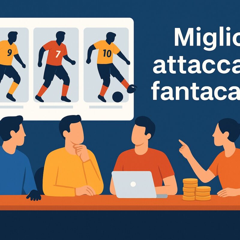 Illustrazione di un’asta di fantacalcio: quattro persone sedute a un tavolo con laptop e monete, mentre sullo sfondo appaiono tre calciatori stilizzati con numeri 7, 9 e 10 e la scritta , Migliori attaccanti fantacalcio
