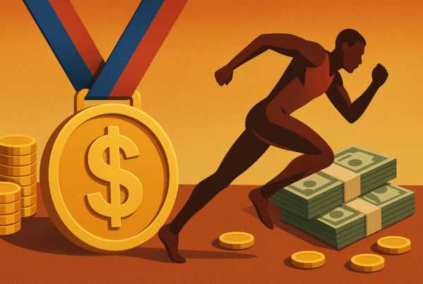 Oro e atletica: medaglia con simbolo del dollaro, corridore in azione e pile di banconote che simboleggiano il montepremi dei Mondiali di atletica.