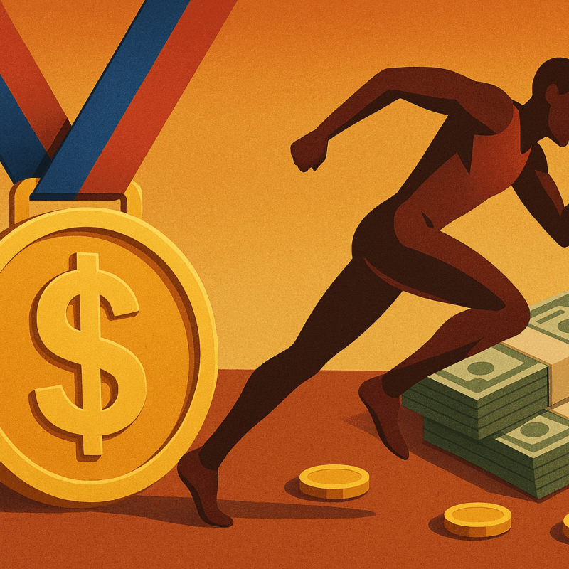 Oro e atletica: medaglia con simbolo del dollaro, corridore in azione e pile di banconote che simboleggiano il montepremi dei Mondiali di atletica.