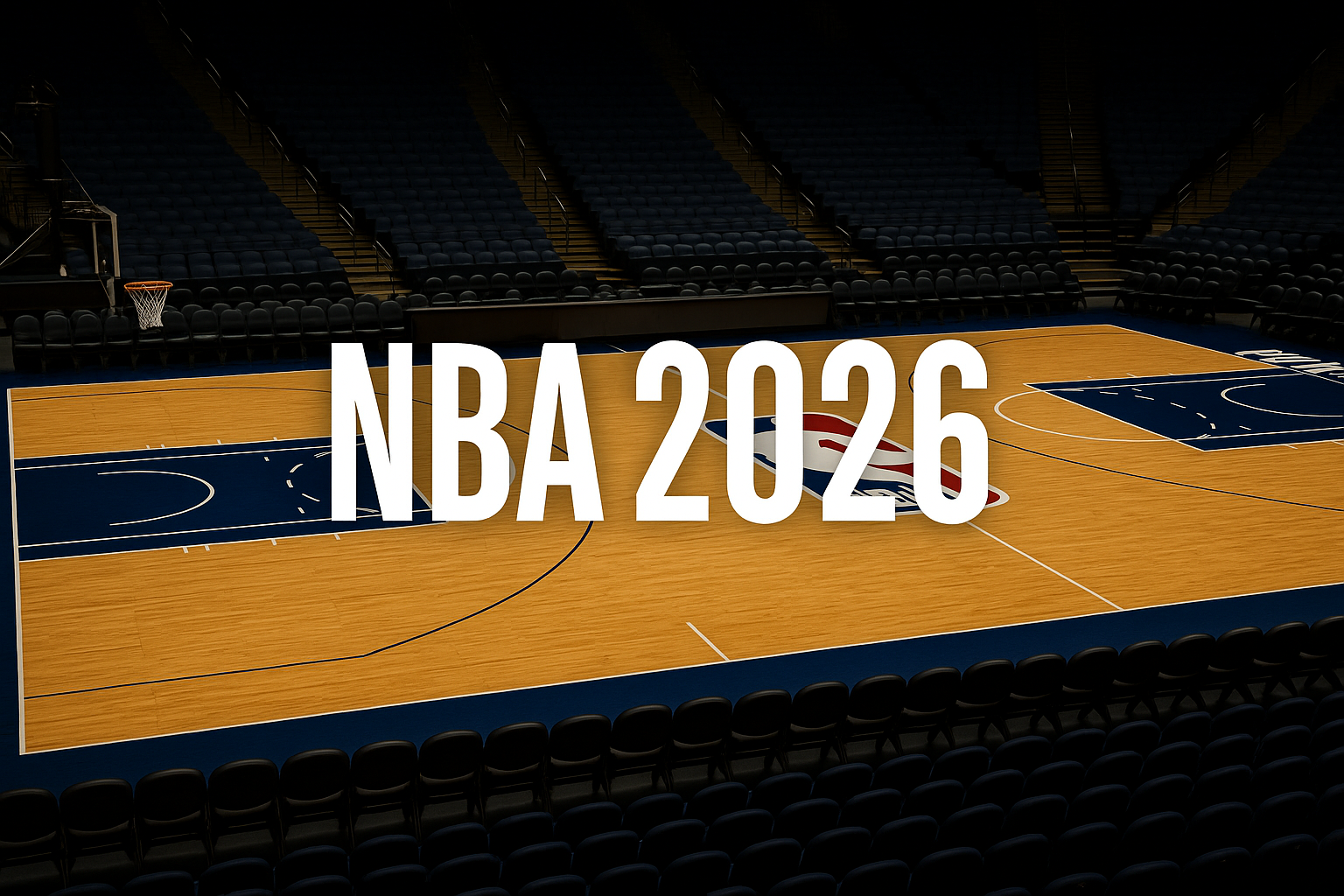 Campo da basket americano con il logo e la scritta NBA 2026 al centro parquet, simbolo dell’80ª stagione della lega di pallacanestro più famosa al mondo.