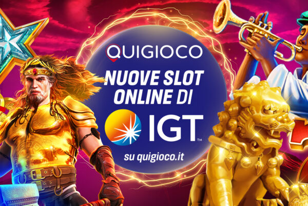 Banner promozionale di QuiGioco.it che presenta le Nuove Slot IGT online con grafiche colorate e personaggi dei giochi.
