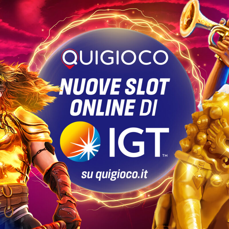 Banner promozionale di QuiGioco.it che presenta le Nuove Slot IGT online con grafiche colorate e personaggi dei giochi.