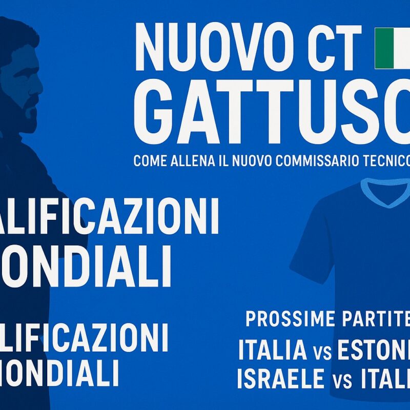 Nuovo ct Gattuso: grafica 16:9 azzurra con profilo di Gennaro Gattuso a sinistra, titolo “NUOVO CT GATTUSO” con bandiera italiana, claim “Come allena il nuovo commissario tecnico?”, e lista partite “Italia vs Estonia” e “Israele vs Italia”.