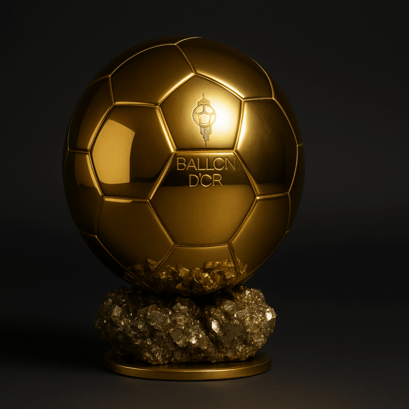Trofeo del Pallone d’Oro 2025, il celebre premio calcistico dorato su basamento nero illuminato da riflettori, su sfondo elegante e scuro.