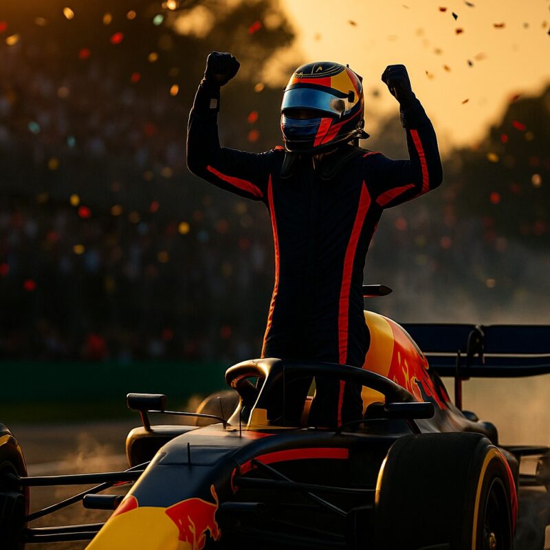 Pole position Monza: pilota Red Bull con casco alza il pugno dal cockpit, auto ferma ai box, pubblico e tribune sullo sfondo