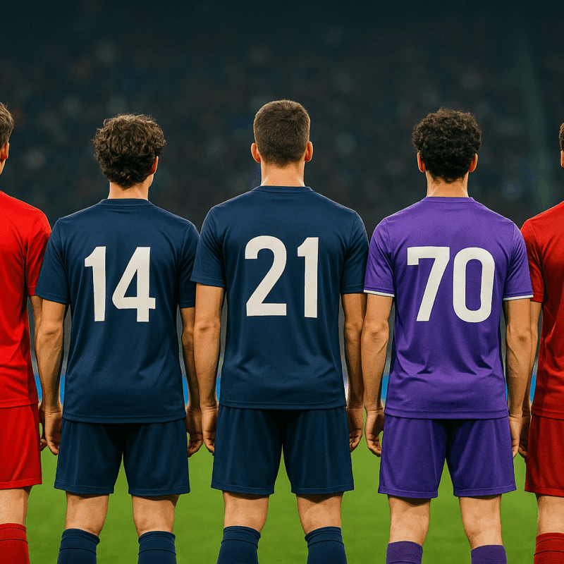 Cinque giovani calciatori visti di spalle in campo, con divise di colori diversi, simbolo delle promesse del calcio