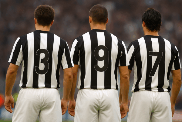 Giocatori bianconeri visti di spalle che celebrano in campo, simbolo di quanti scudetti ha vinto la Juve nella sua storia