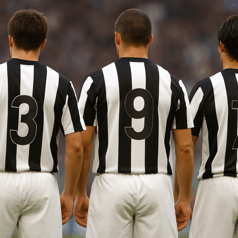 Giocatori bianconeri visti di spalle che celebrano in campo, simbolo di quanti scudetti ha vinto la Juve nella sua storia