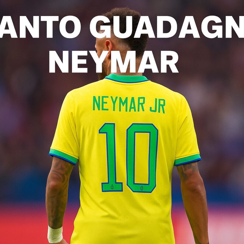 Neymar visto di spalle su un campo da calcio, con la maglia gialla e verde numero 10 della nazionale brasiliana e il suo nome stampato in alto insieme alla scritta quanto guadagna neymar
