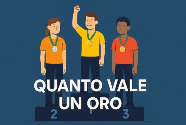 Tre atleti sul podio olimpico con medaglie d’oro, argento e bronzo al collo, accompagnati dalla scritta quanto vale una medaglia olimpica