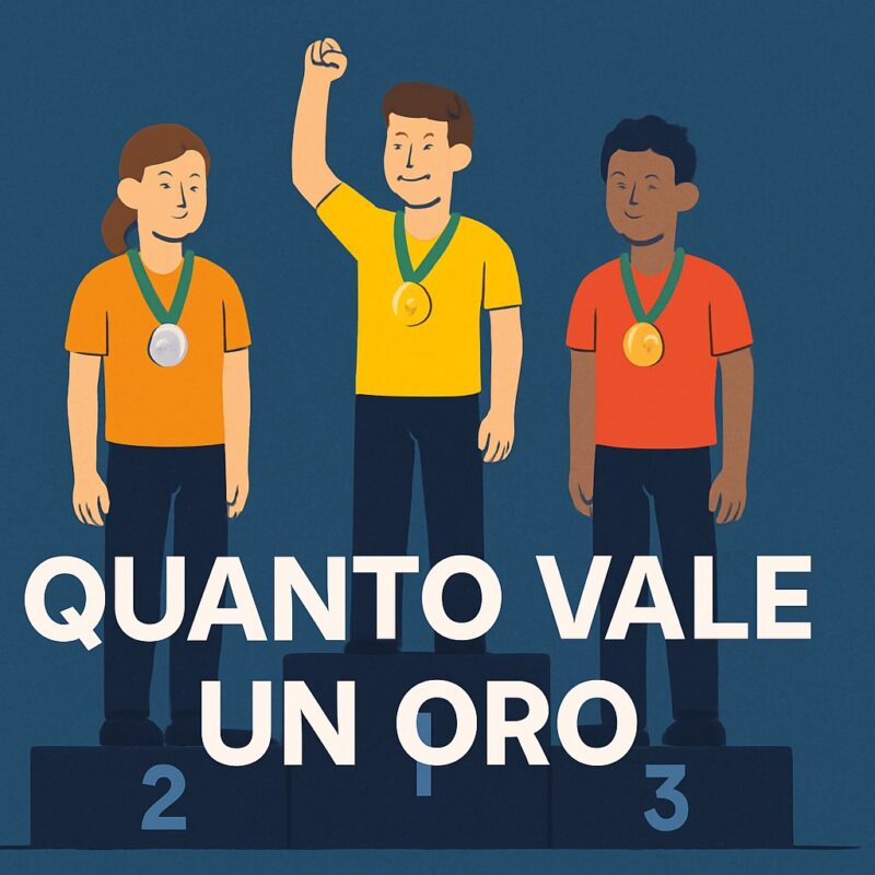 Tre atleti sul podio olimpico con medaglie d’oro, argento e bronzo al collo, accompagnati dalla scritta quanto vale una medaglia olimpica