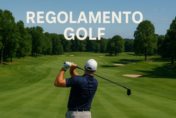 Regolamento golf: giocatore visto da dietro mentre esegue uno swing su un campo da golf verde con scritta in alto REGOLAMENTO GOLF