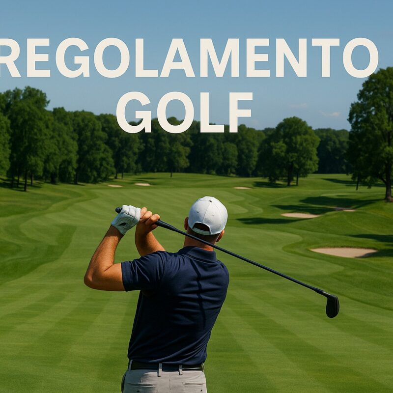 Regolamento golf: giocatore visto da dietro mentre esegue uno swing su un campo da golf verde con scritta in alto REGOLAMENTO GOLF