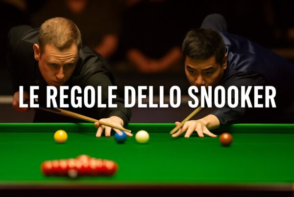 Due giocatori di snooker al tavolo verde pronti a colpire la palla con la stecca, con la scritta Le regole snooker in evidenza
