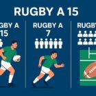 Illustrazione di una partita di rugby a 15 con giocatori in maglia blu e rossa che si affrontano in campo durante un’azione dinamica