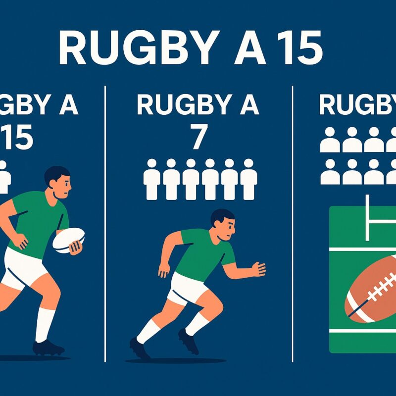 Illustrazione di una partita di rugby a 15 con giocatori in maglia blu e rossa che si affrontano in campo durante un’azione dinamica