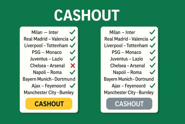 Due schedine di scommesse cashout su sfondo verde: a sinistra una multipla persa nonostante l’opzione cashout, a destra una schedina vinta grazie al cashout