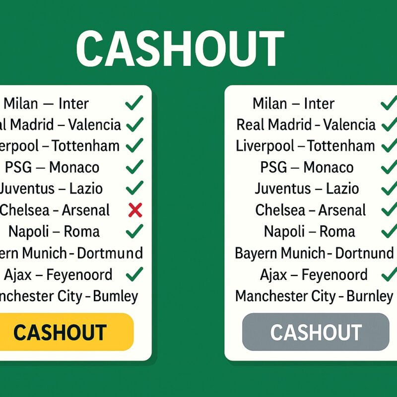 Due schedine di scommesse cashout su sfondo verde: a sinistra una multipla persa nonostante l’opzione cashout, a destra una schedina vinta grazie al cashout