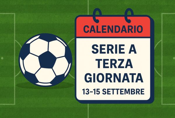 Grafica Serie A Terza Giornata con pallone da calcio su campo verde e calendario che mostra le date 13-15 settembre 2025.