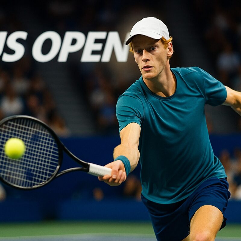 Sinner domina US Open: tennista in azione al servizio su campo blu, scritta “US OPEN” in bianco sullo sfondo, atleta con look ispirato a Sinner