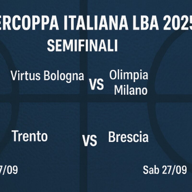 abellone delle semifinali della Supercoppa Italiana LBA 2025 con le sfide Virtus Bologna contro Olimpia Milano e Trento contro Brescia, entrambe in programma sabato 27 settembre