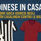 Grafica sportiva con la scritta Udinese in casa e due maglie da calcio generiche, una a strisce bianconere e una rossa, con pallone su sfondo blu