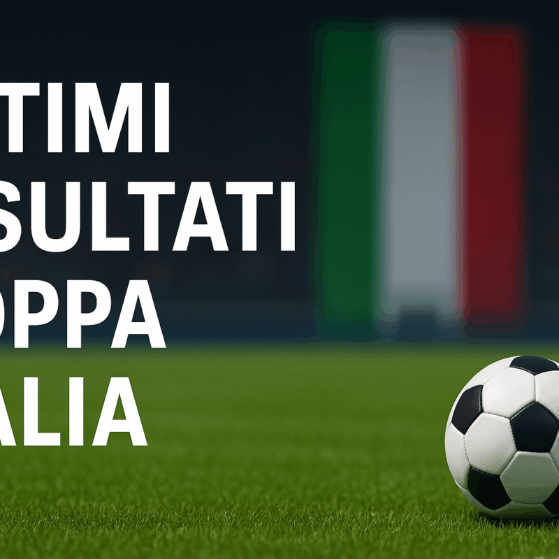 Ultimi risultati Coppa Italia con pallone su campo da calcio e bandiera italiana sullo sfondo