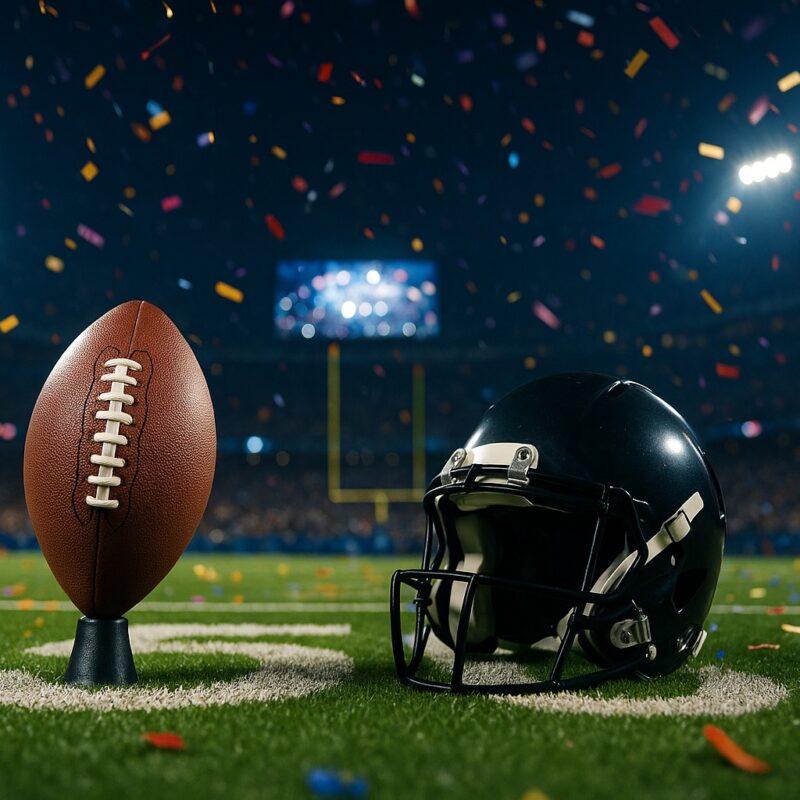Vincente Nfl: pallone e casco sul 50-yard line in uno stadio illuminato, confetti in caduta