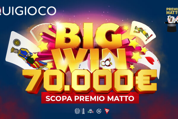 Vincita Scopa Premio Matto 70 mila euro con carte tradizionali italiane e monete d’oro su tavolo verde