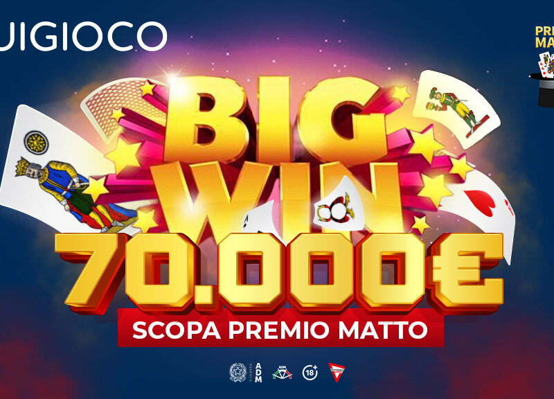 Vincita Scopa Premio Matto 70 mila euro con carte tradizionali italiane e monete d’oro su tavolo verde