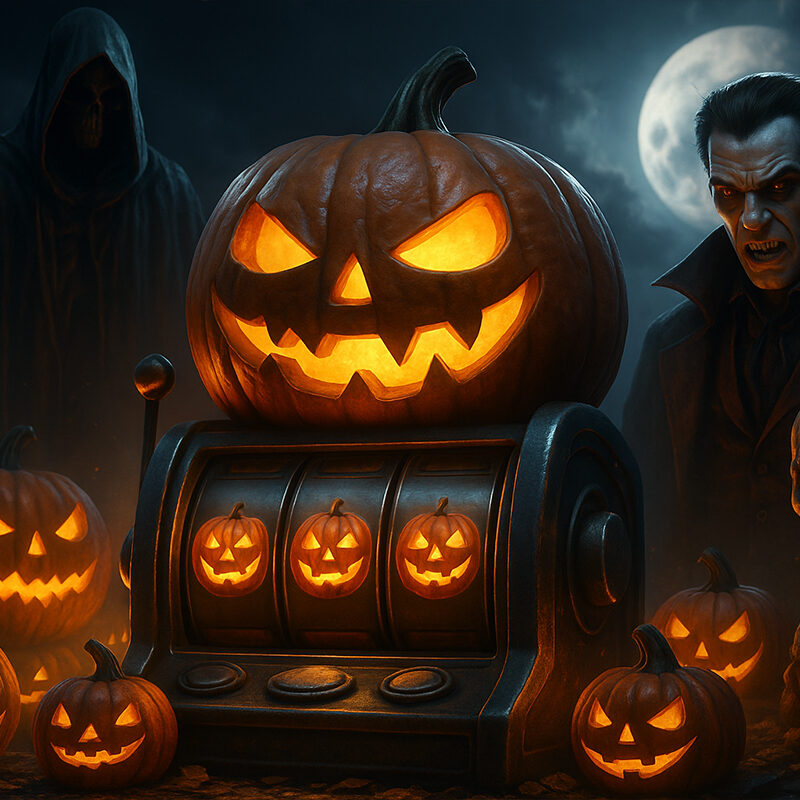 Slot Halloween 2025 con zucche illuminate, slot machine horror iperrealistica 3D con vampiro, scheletro e Grim Reaper sotto la luna piena.